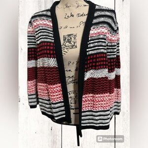 Chico's Red, Black & White Cotton Open Cardigan size 2